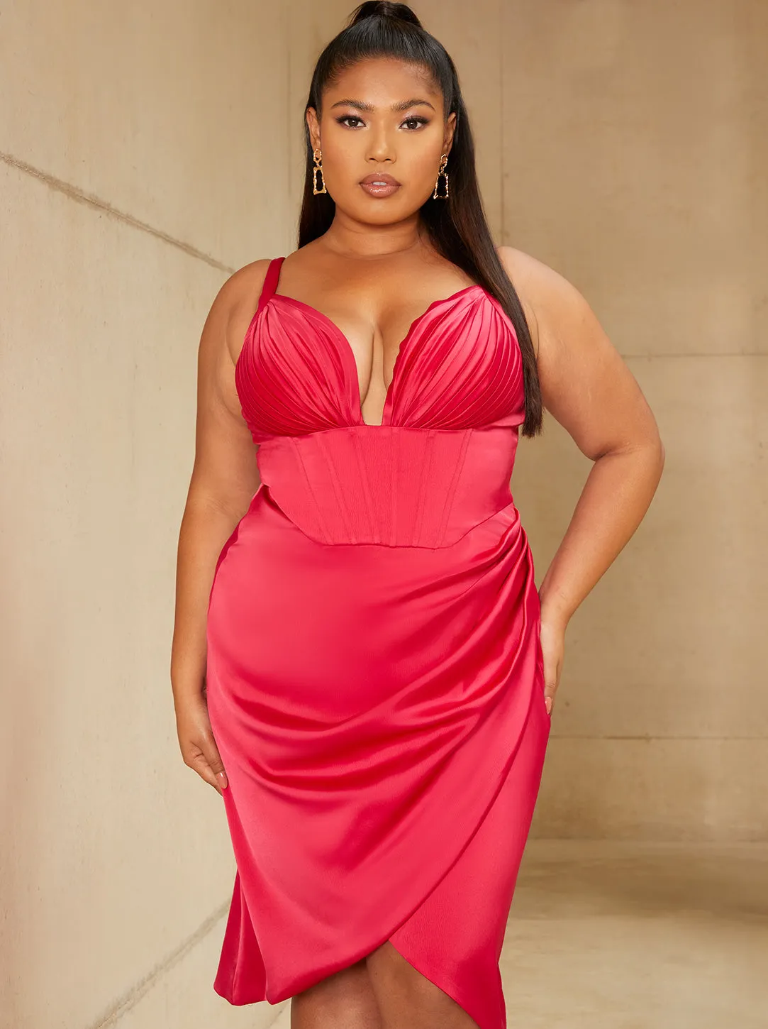 Plus Size Corset Style Bodycon Satin Midi Dress in Pink sold by Chi Chi London product image thumbnail 2