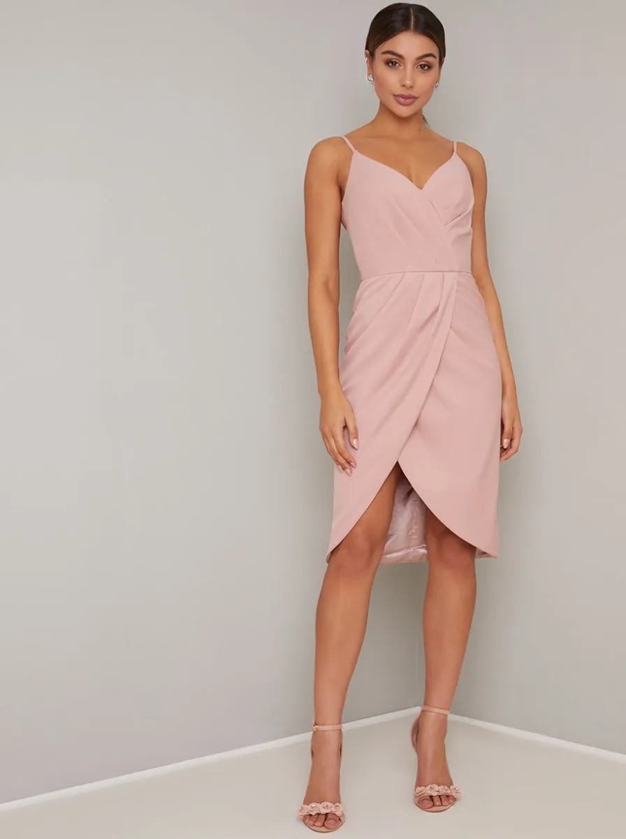 Cami Strap Wrap Pleat Detail Midi Dress in Pink sold by Chi Chi London