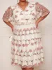 Plus Size V Neck Floral Embroidered Lace Midi Dress in Pink sold by Chi Chi London