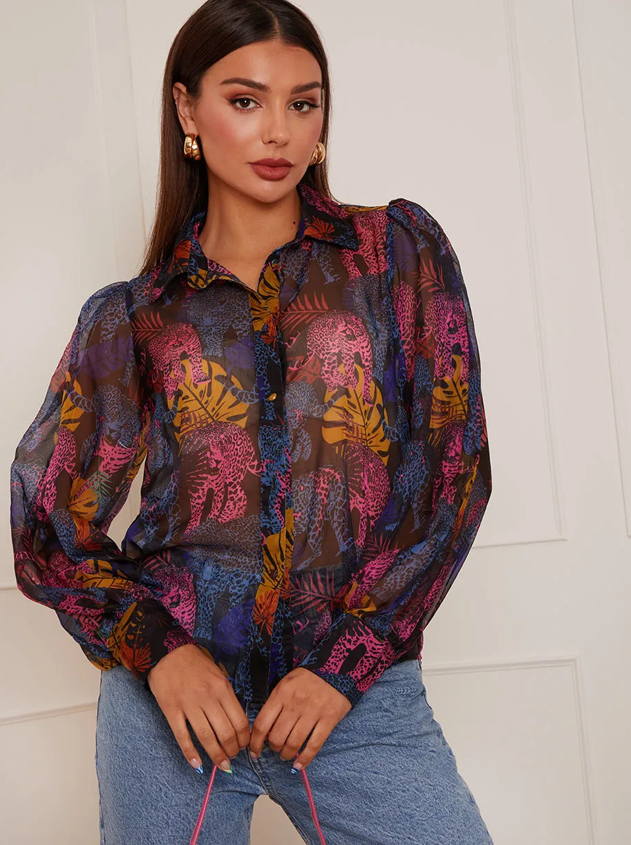 Long Sleeve Tropical Leopard Print Shirt in Black sold by Chi Chi London product image thumbnail 4
