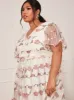 Plus Size V Neck Floral Embroidered Lace Midi Dress in Pink sold by Chi Chi London