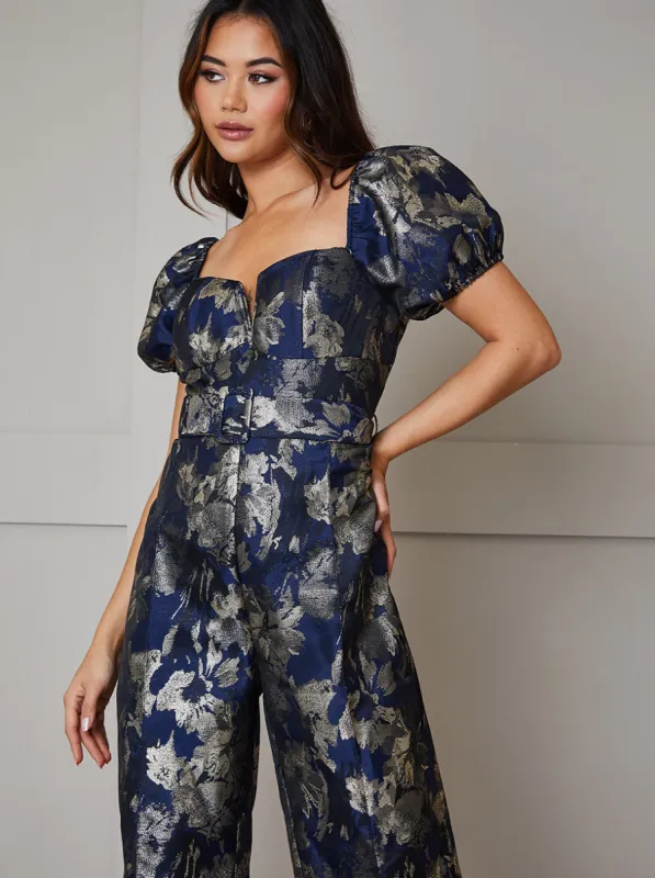 Petite Puff Sleeve Jacquard Wide Leg Jumpsuit in Navy sold by Chi Chi London