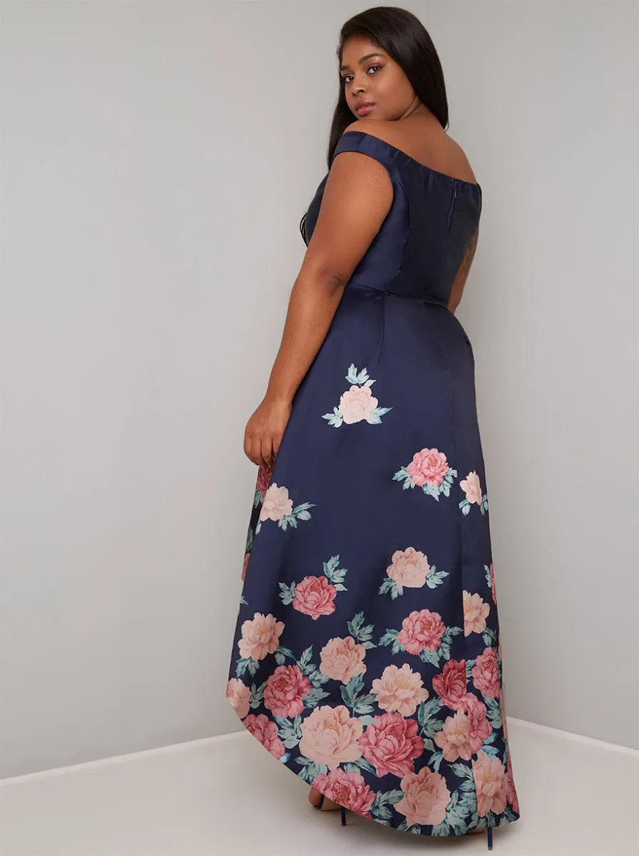 Plus Size Floral Print Dip Hem Dress in Navy sold by Chi Chi London