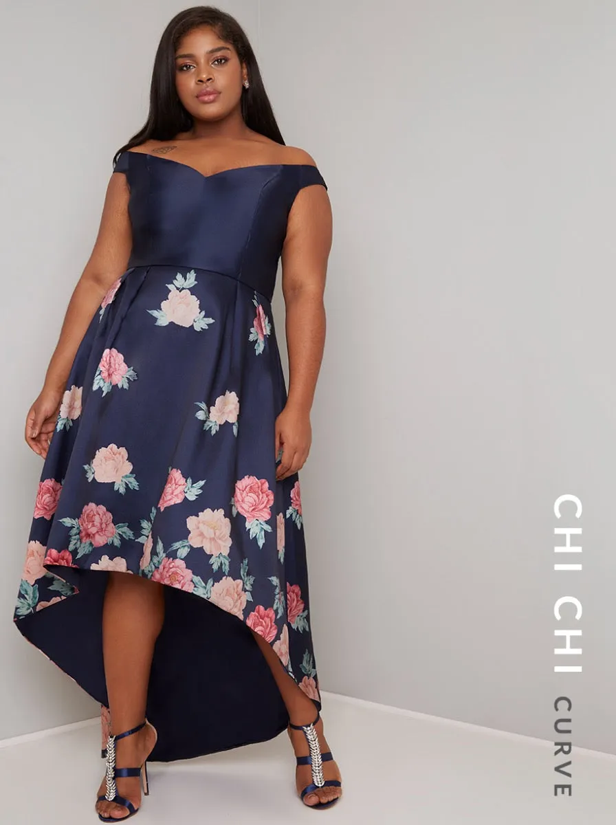 Plus Size Floral Print Dip Hem Dress in Navy sold by Chi Chi London product image thumbnail 2