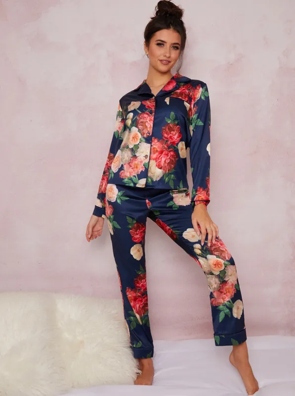 Floral Silky Pyjama Set in Blue sold by Chi Chi London