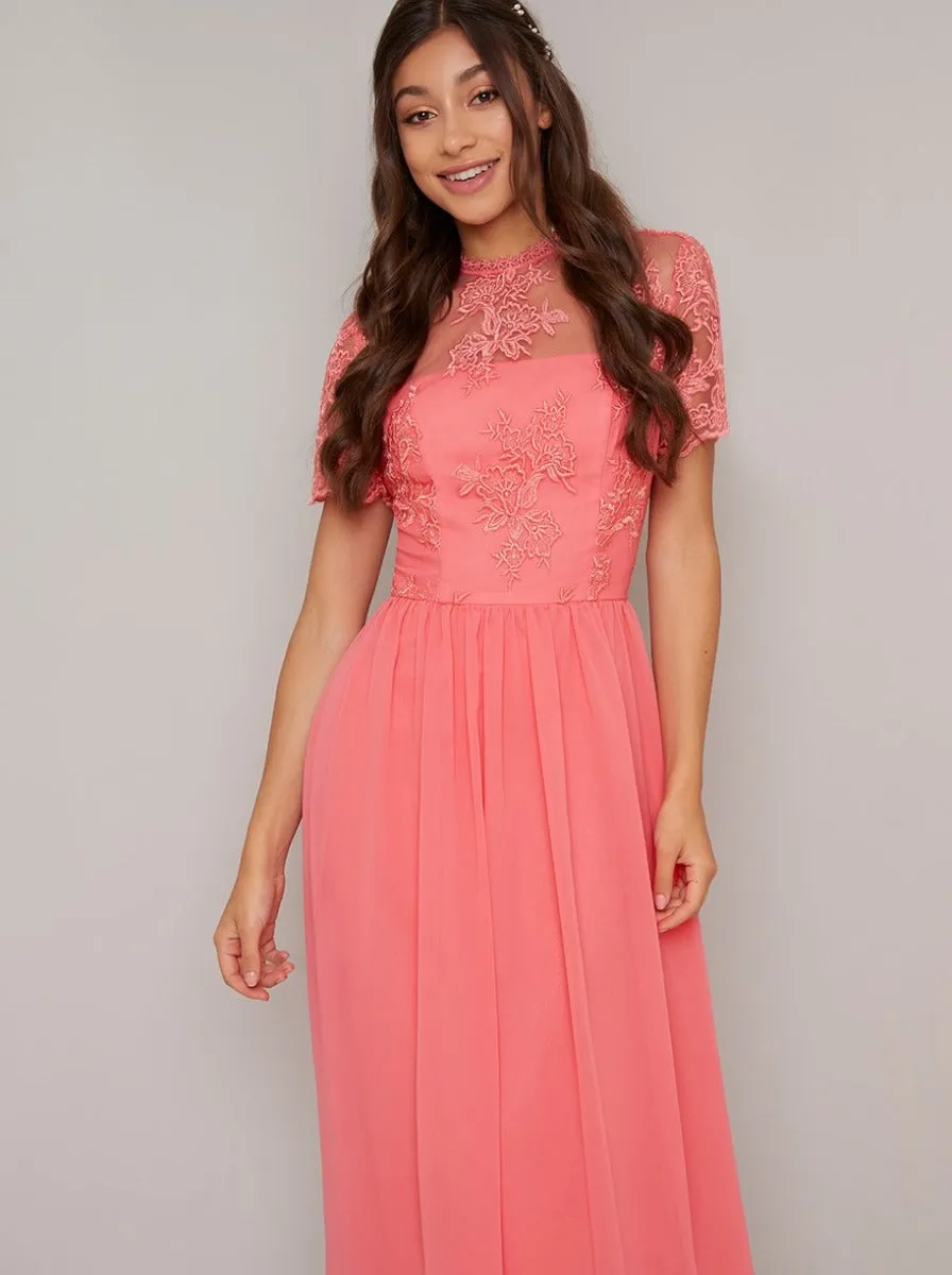 Embroidered Short Sleeved Midi Dress in Coral sold by Chi Chi London product image thumbnail 2