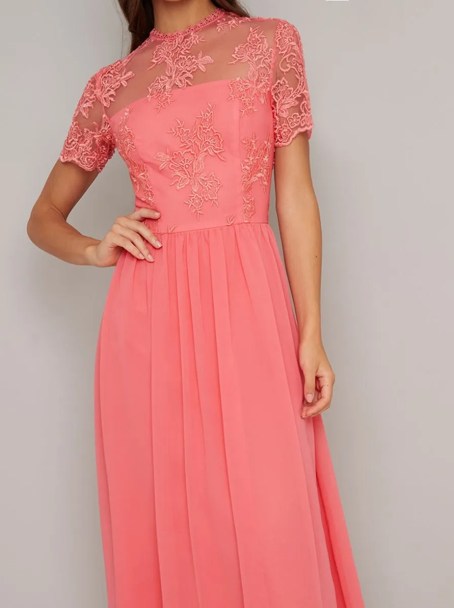 Embroidered Short Sleeved Midi Dress in Coral sold by Chi Chi London product image thumbnail 3