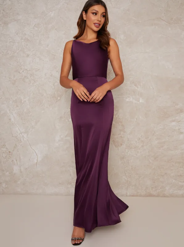 Cowl Neck Satin Slip Maxi Dress in Berry sold by Chi Chi London