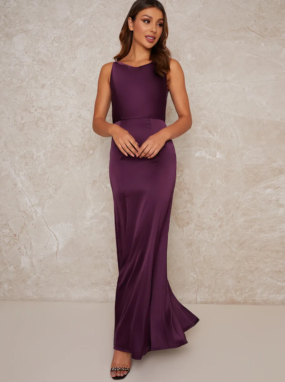 Cowl Neck Satin Slip Maxi Dress in Berry sold by Chi Chi London