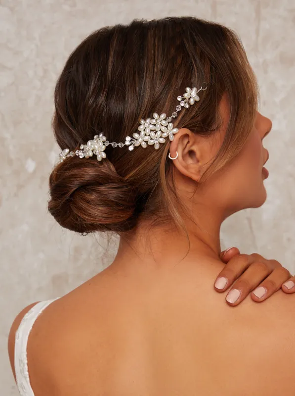 Pearl & Diamante Floral Beaded Hair Piece in Silver sold by Chi Chi London