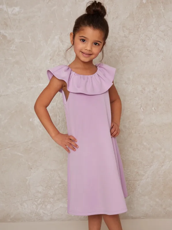 Girls Ruffle Neck Smock Dress in Purple sold by Chi Chi London