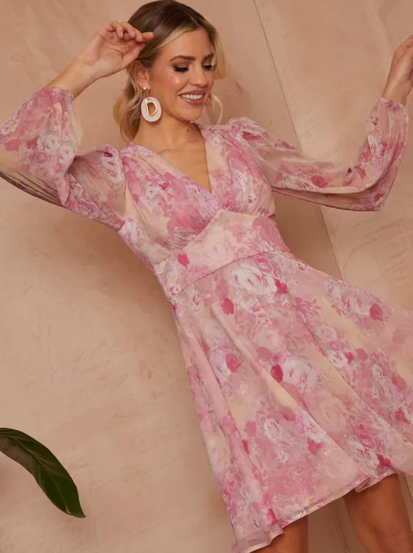 Long Sleeve Floral Mini Dress in Pink sold by Chi Chi London