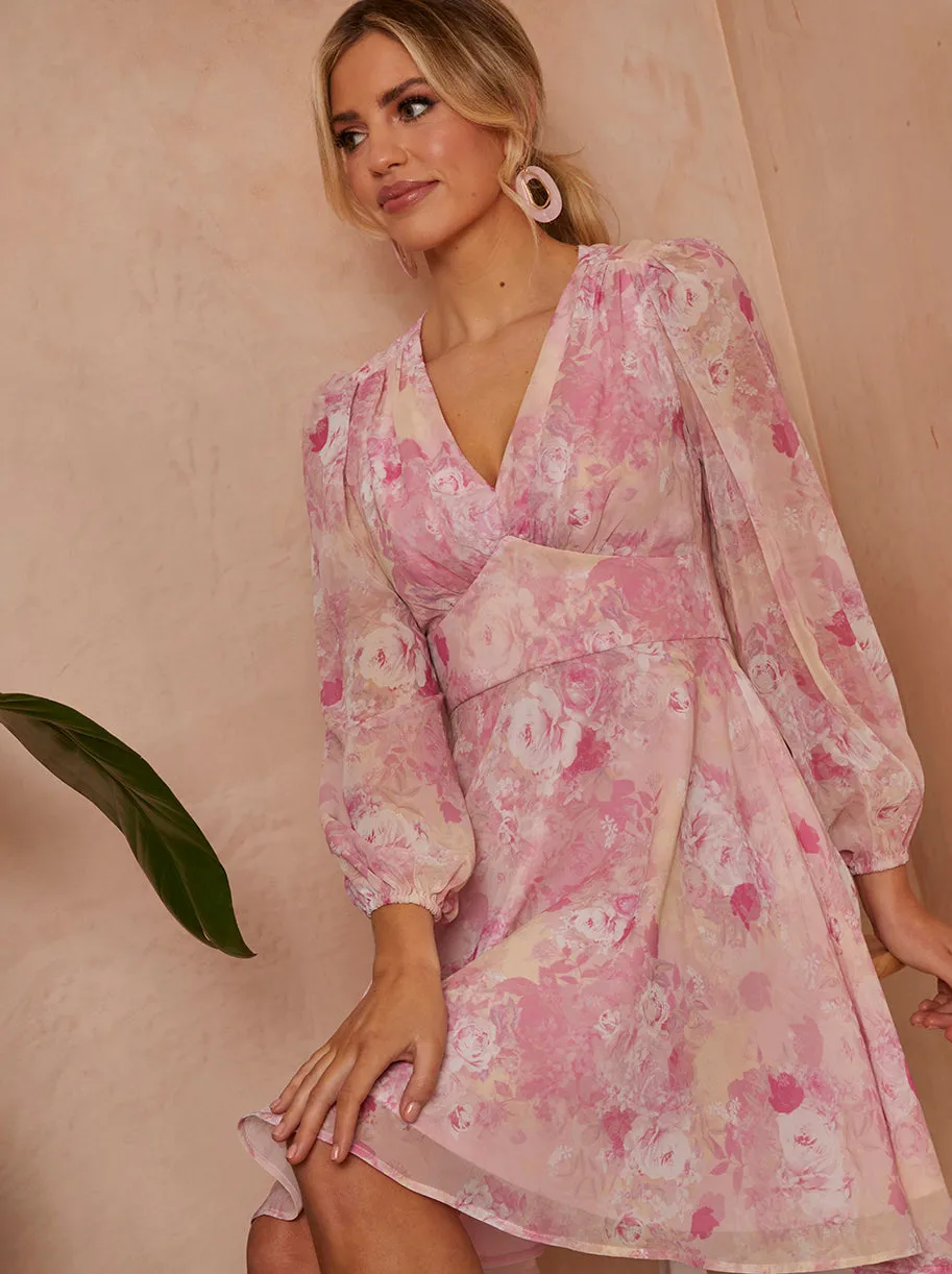 Long Sleeve Floral Mini Dress in Pink sold by Chi Chi London product image thumbnail 3