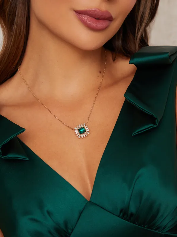 Green Gemstone Diamante Necklace in Gold Tone sold by Chi Chi London