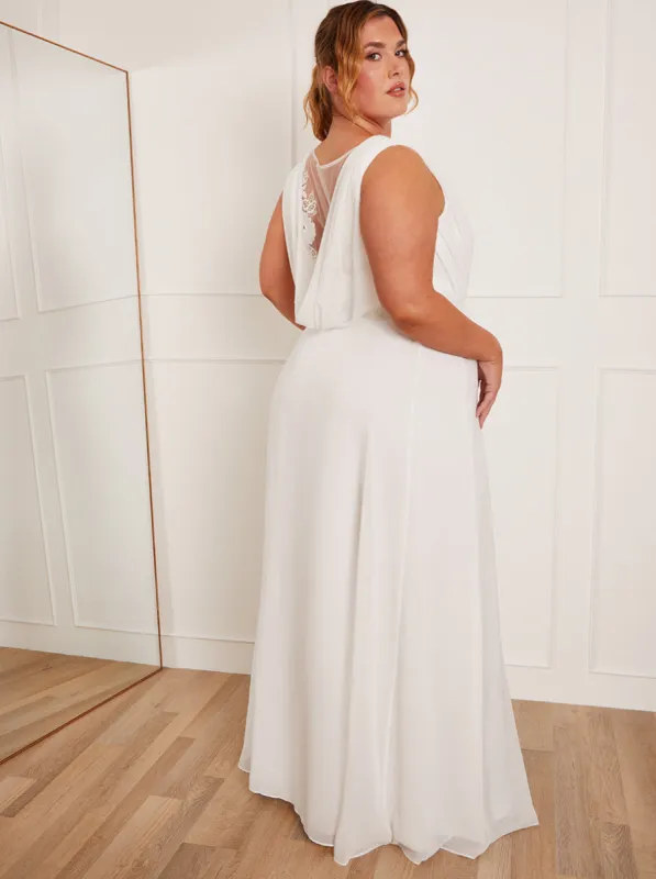 Plus Size V Neck Drape Maxi Wedding Dress in White sold by Chi Chi London
