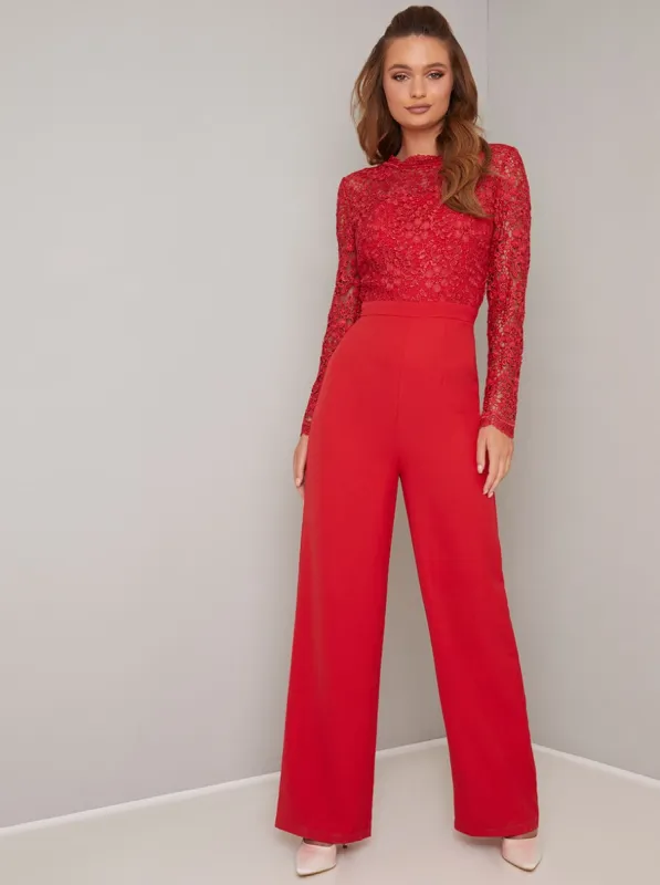 Long Sleeved Lace Bodice Wide Leg Jumpsuit in Red sold by Chi Chi London