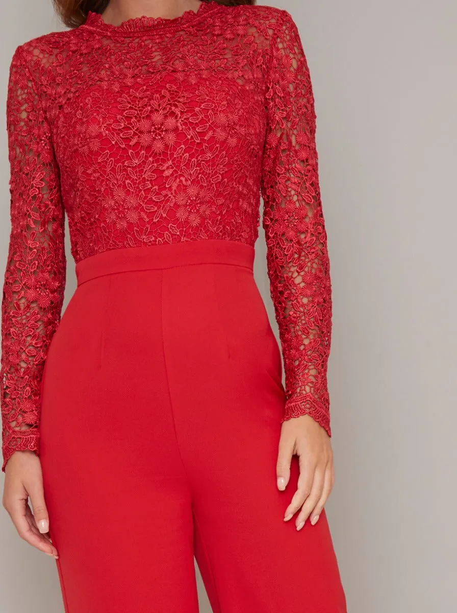 Long Sleeved Lace Bodice Wide Leg Jumpsuit in Red sold by Chi Chi London product image thumbnail 4