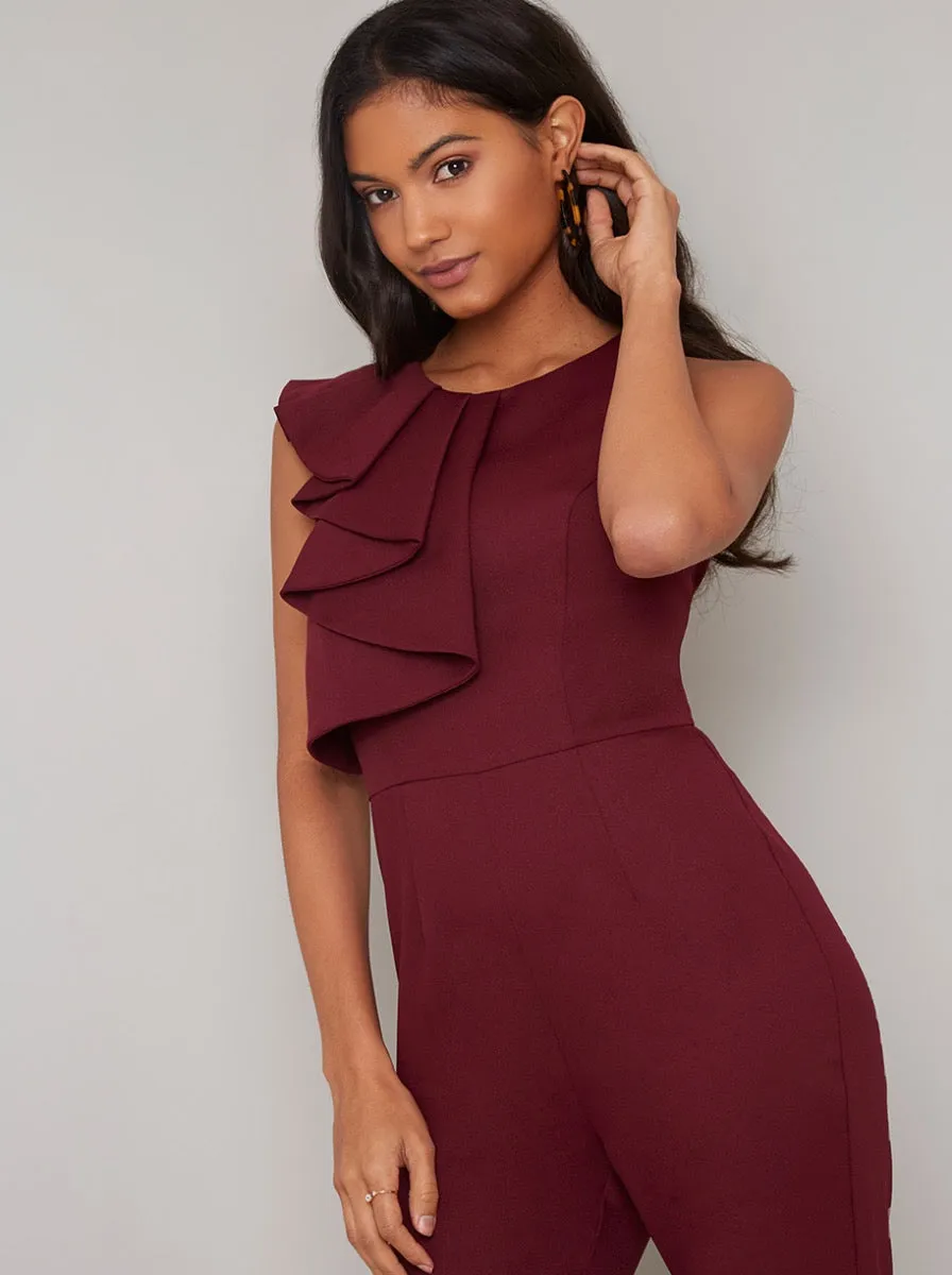 Ruffle Detail Fitted Flare Jumpsuit in Red sold by Chi Chi London product image thumbnail 2