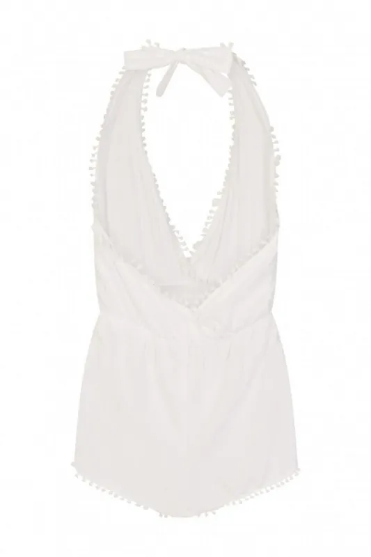 Crochet Halterneck Playsuit in White made by Chi Chi London