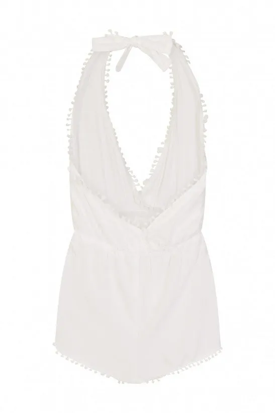 Crochet Halterneck Playsuit in White sold by Chi Chi London