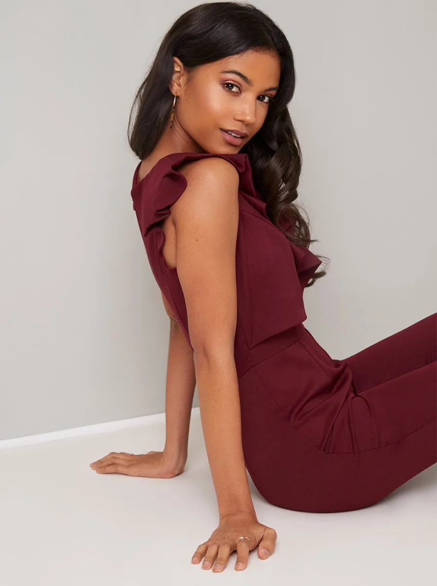 Ruffle Detail Fitted Flare Jumpsuit in Red sold by Chi Chi London product image thumbnail 3