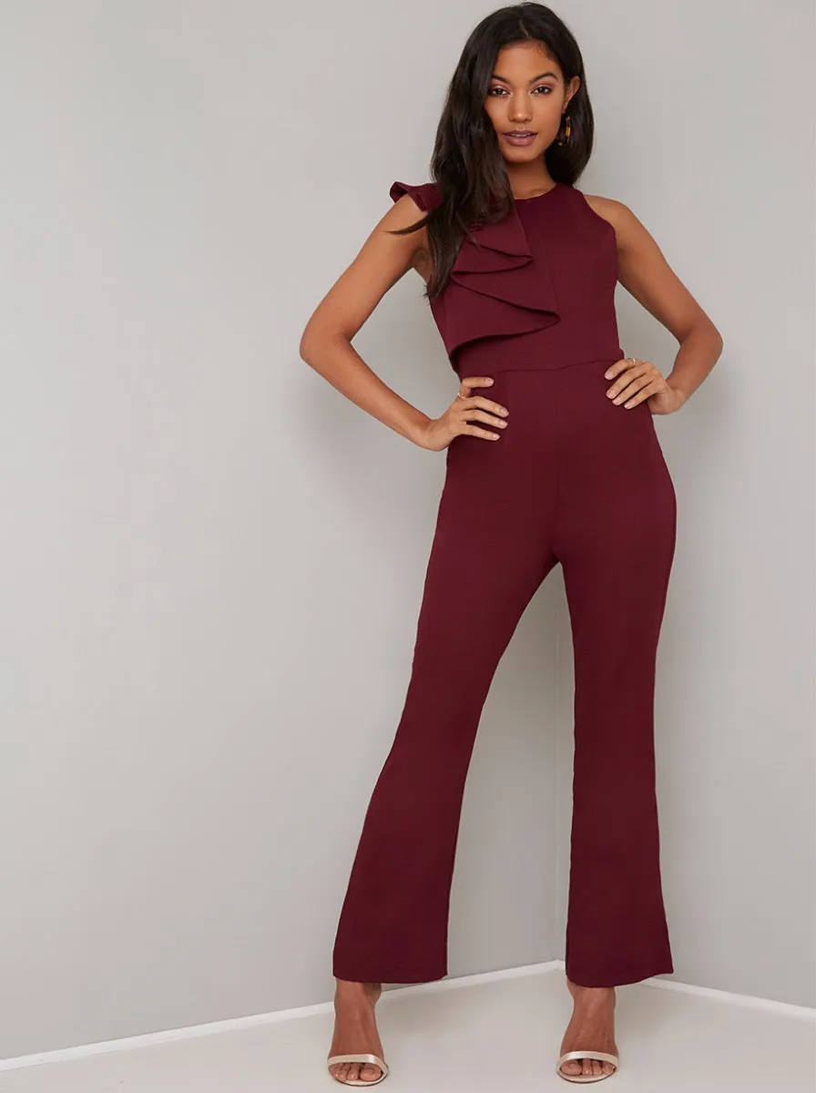 Ruffle Detail Fitted Flare Jumpsuit in Red sold by Chi Chi London