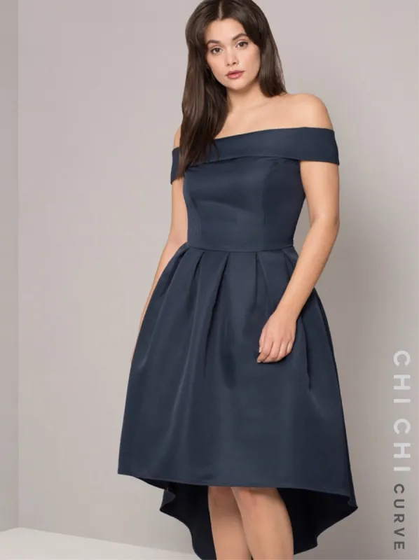Plus Size Bardot Dip Hem Plain Midi Dress in Blue sold by Chi Chi London