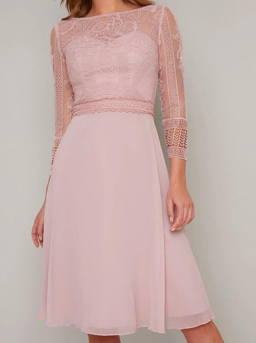 Lace Bodice Sheer Sleeved Chiffon Midi Dress in Brown sold by Chi Chi London product image thumbnail 3