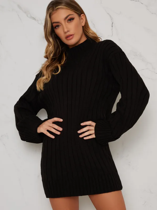 Turtle Neck Long Sleeved Rib Knit Mini Dress in Black sold by Chi Chi London