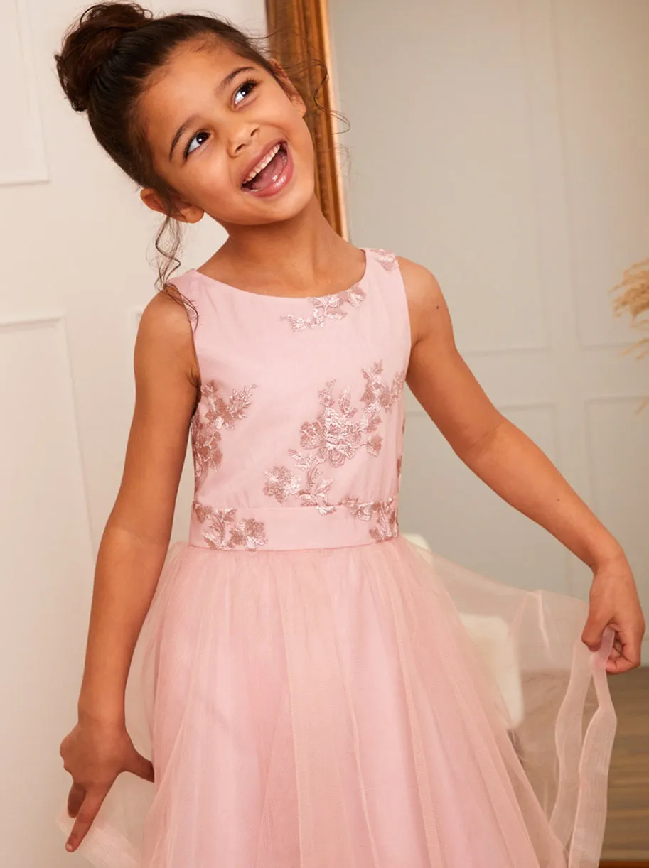 Younger Girls Embroidered Midi Dress in Pink sold by Chi Chi London