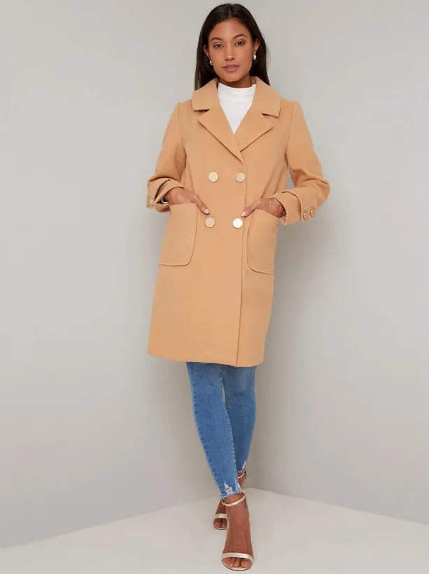Longline Double Breasted Coat in Camel sold by Chi Chi London