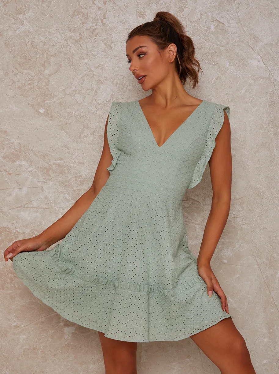 Plunge Broderie Mini Day Dress in Green sold by Chi Chi London product image thumbnail 3