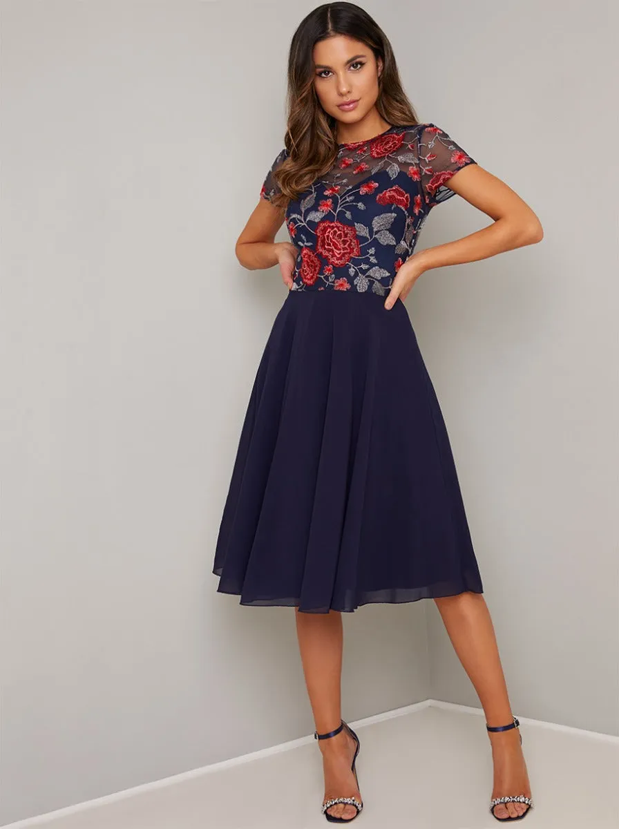 Lace Bodice Chiffon Midi Dress in Blue sold by Chi Chi London