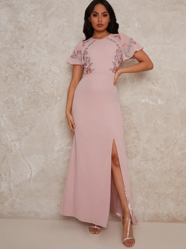 Embroidered Angel Sleeve Dress is Pink sold by Chi Chi London