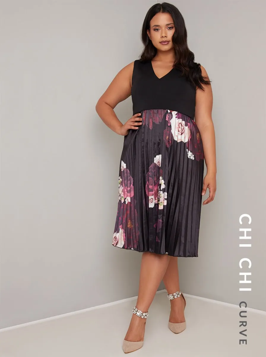 Plus Size Contrast Floral Pleat Midi Dress in Black sold by Chi Chi London product image thumbnail 3