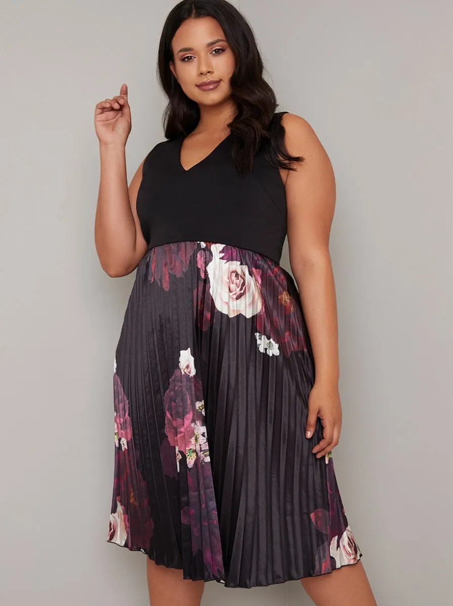 Plus Size Contrast Floral Pleat Midi Dress in Black sold by Chi Chi London