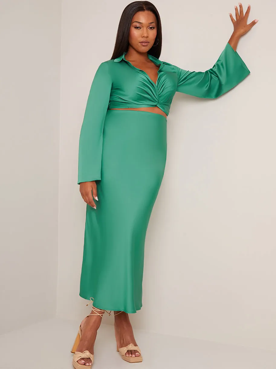Long Sleeve V Neck Satin Twist Detail Top in Green sold by Chi Chi London product image thumbnail 3