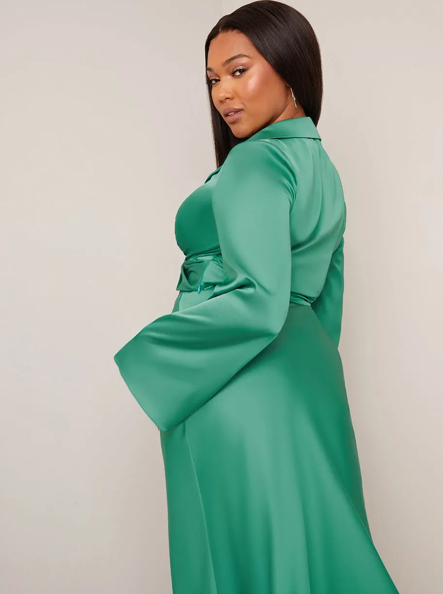 Long Sleeve V Neck Satin Twist Detail Top in Green sold by Chi Chi London product image thumbnail 5