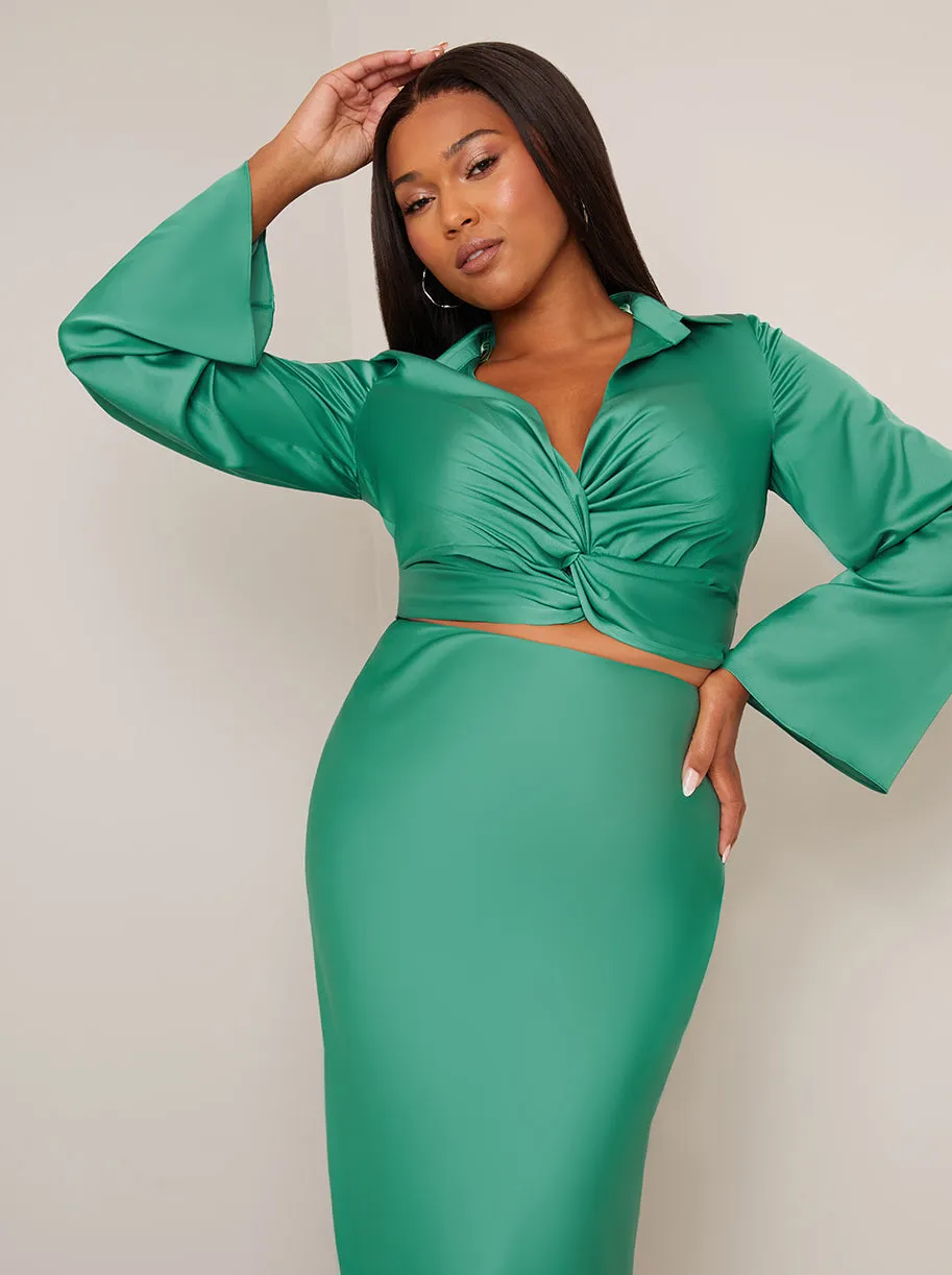 Long Sleeve V Neck Satin Twist Detail Top in Green sold by Chi Chi London product image thumbnail 4