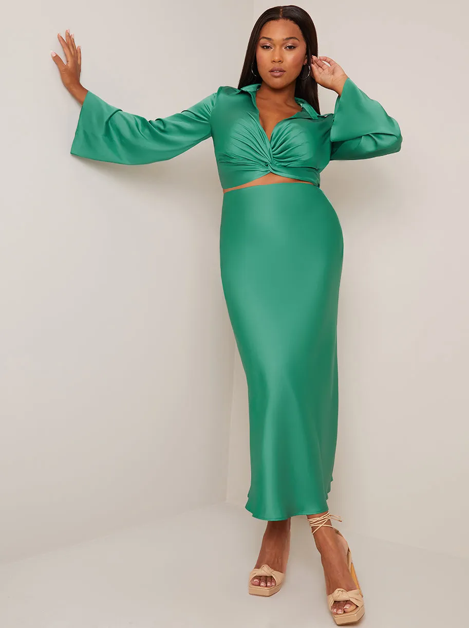 Long Sleeve V Neck Satin Twist Detail Top in Green sold by Chi Chi London product image thumbnail 2