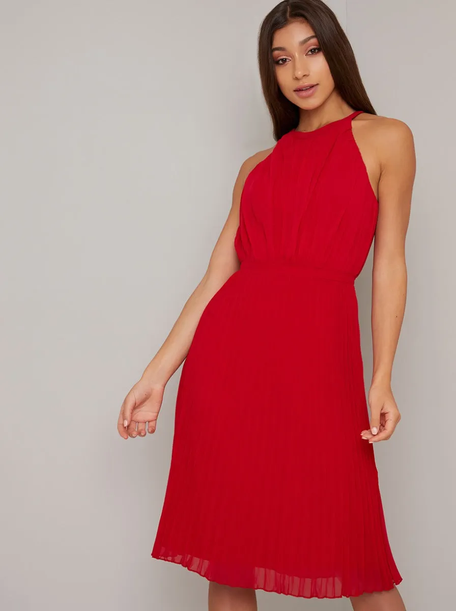 Pleated Halterneck Midi Dress in Red sold by Chi Chi London product image thumbnail 2