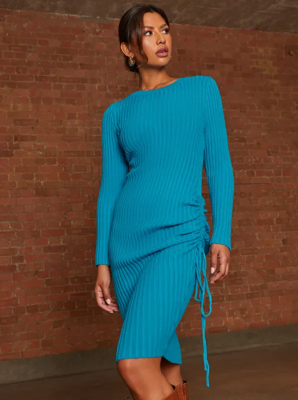 Ruched Side Detail Knitted Midi Dress in Blue sold by Chi Chi London