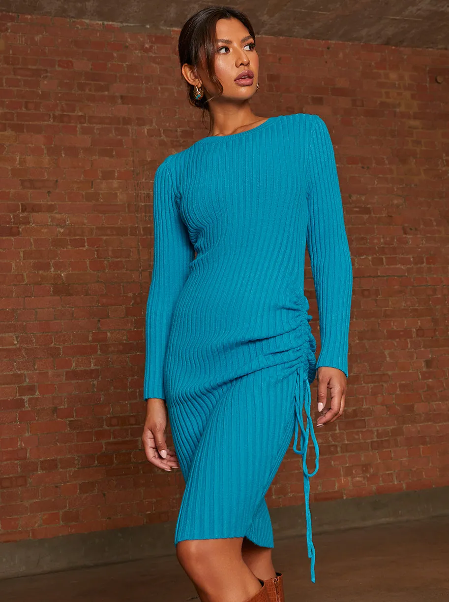 Ruched Side Detail Knitted Midi Dress in Blue sold by Chi Chi London