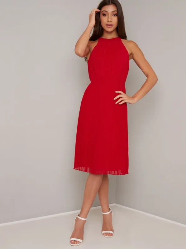 Pleated Halterneck Midi Dress in Red sold by Chi Chi London