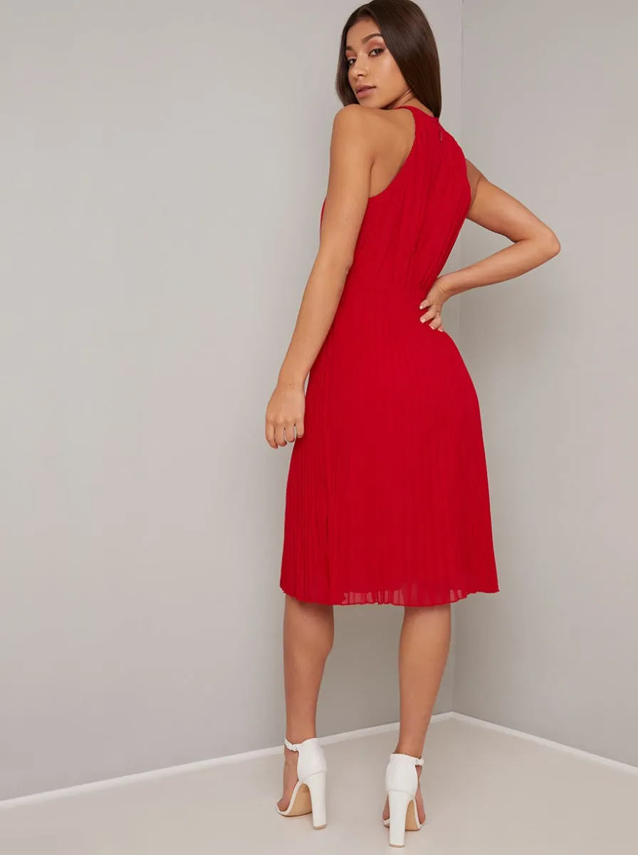 Pleated Halterneck Midi Dress in Red sold by Chi Chi London product image thumbnail 4