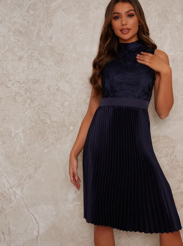 Midi Dress with Jaquard Bodice Design in Blue sold by Chi Chi London