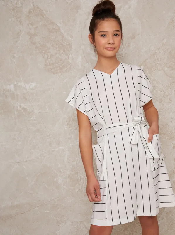 Girls Stripe Dress with Tie Waist in White sold by Chi Chi London