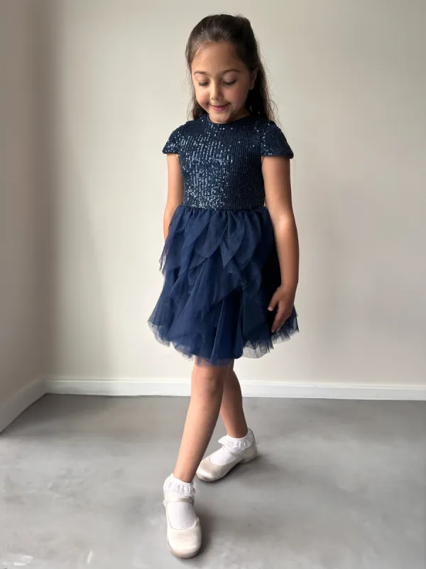Younger Girls Sequin Tulle Midi Dress in Navy sold by Chi Chi London