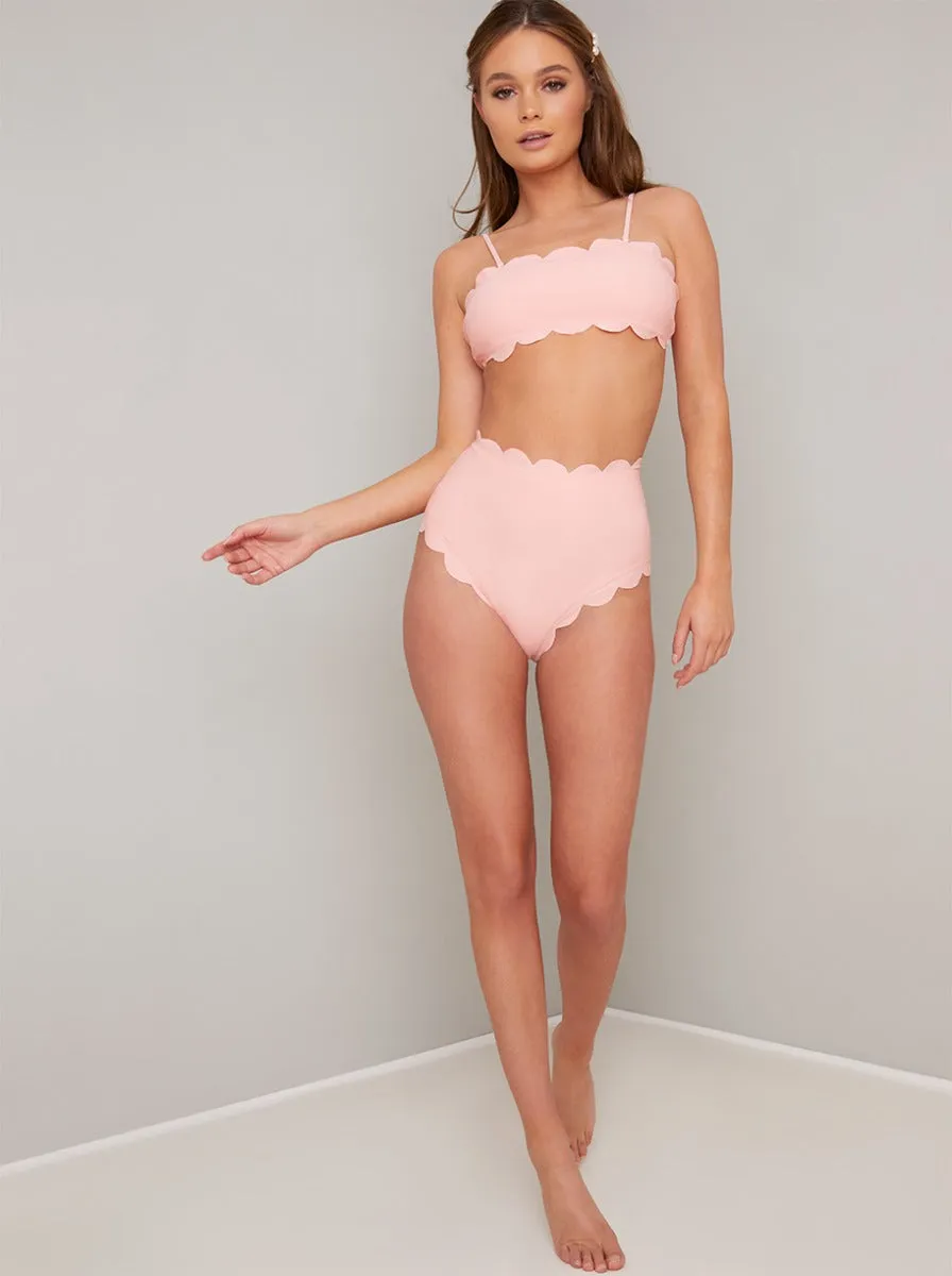High Waist Scalloped Edge Bikini Bottoms in Pink sold by Chi Chi London