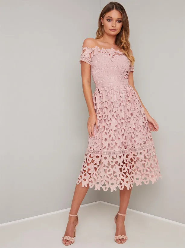 Bardot Lace Midi Dress in Mink sold by Chi Chi London